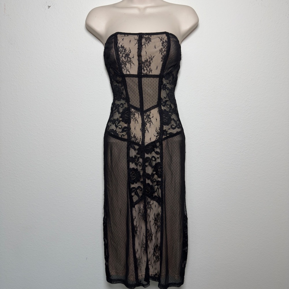 VTG Women Formal Whimsigoth Dress 8 Black Lace Strapless Bodycon Midi Overlay